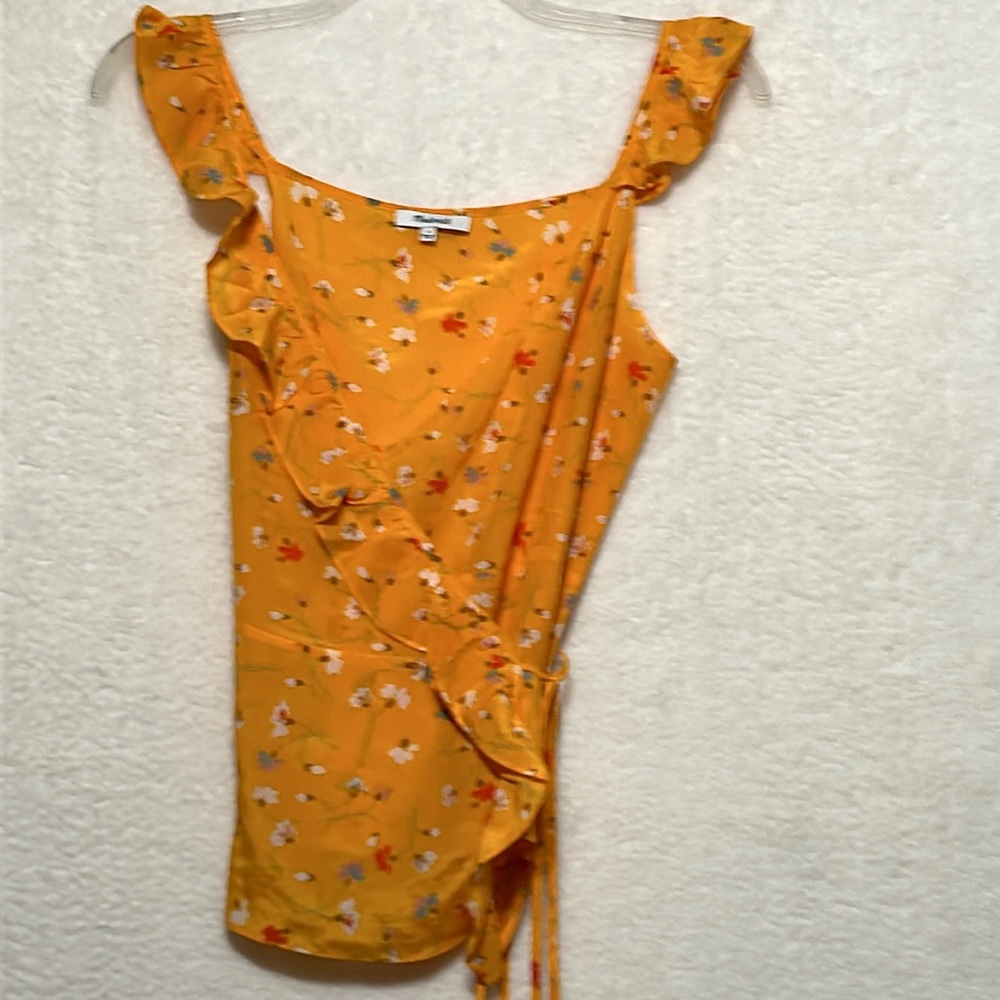 Madewell orange  floral print sleeveless silk wrap blouse sz 4